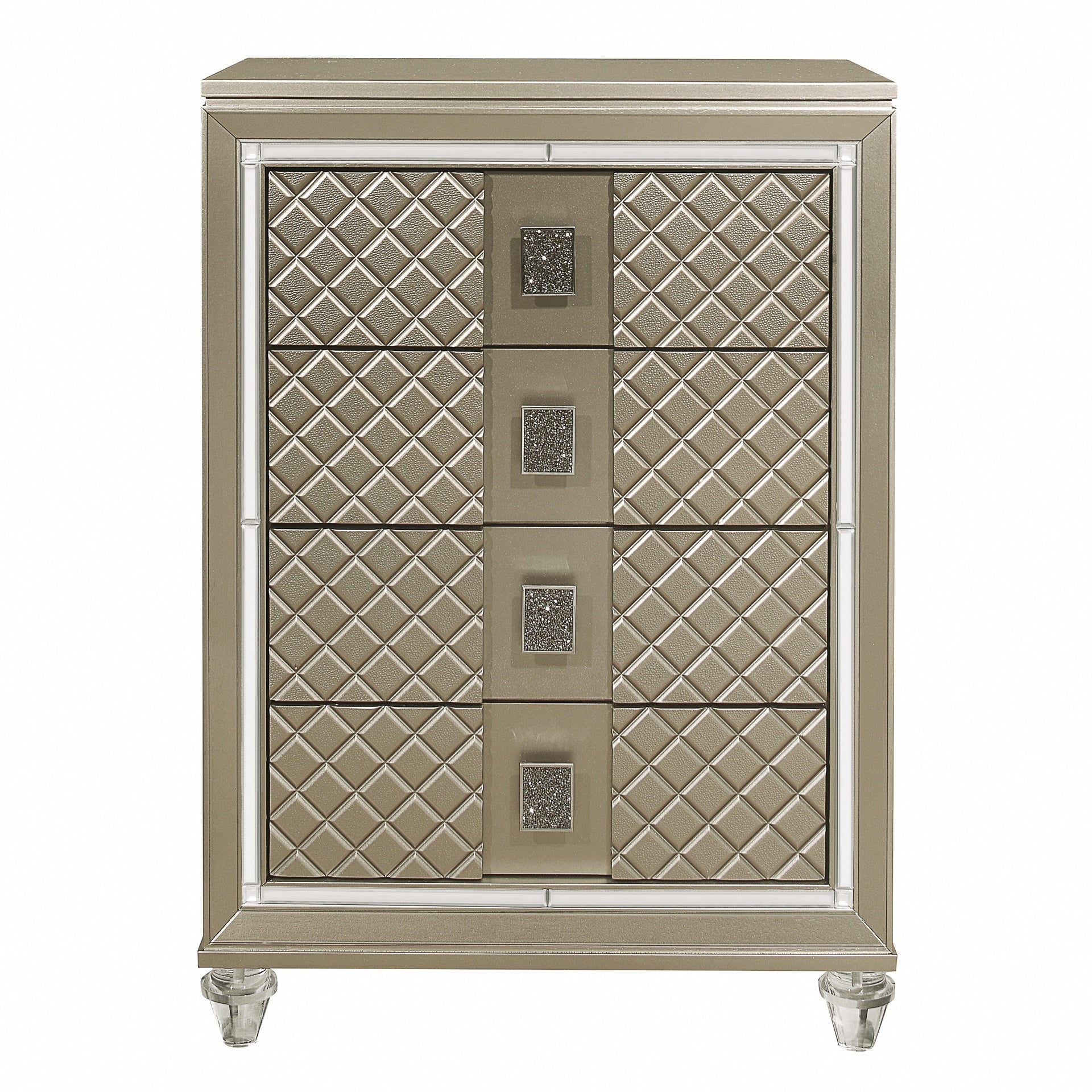 Glamorous Champagne Finish 1pc Chest of 4 Drawers Acrylic Feet Luxury Bedroom Furniture Beveled Mirror Trim