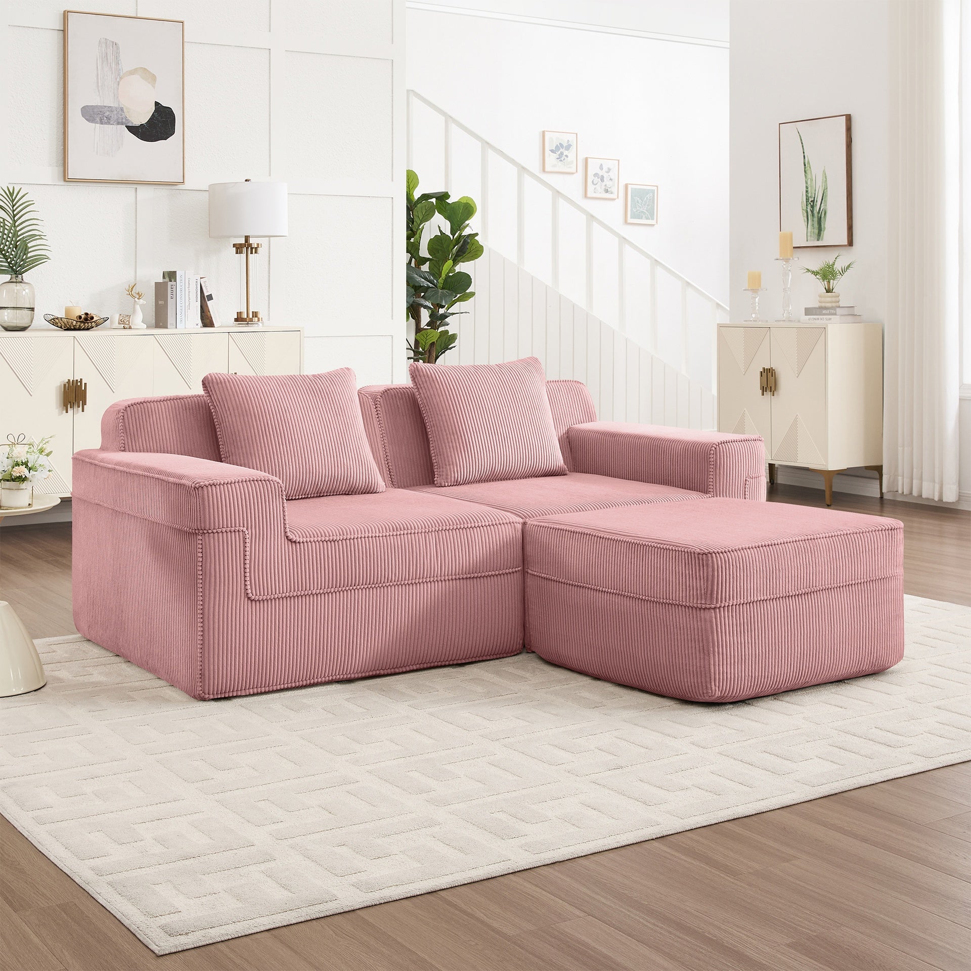Modular 2 Seat L Shape Sectional Boneless Sofa, Cloud Sectional Couch with Deep Seat, Modern Modular 2-Seat Sofa Couch with Throw Pillows and 1 Movable Ottoman, Corduroy Fabric Pink