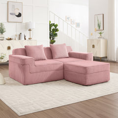 Modular 2 Seat L Shape Sectional Boneless Sofa, Cloud Sectional Couch with Deep Seat, Modern Modular 2-Seat Sofa Couch with Throw Pillows and 1 Movable Ottoman, Corduroy Fabric Pink