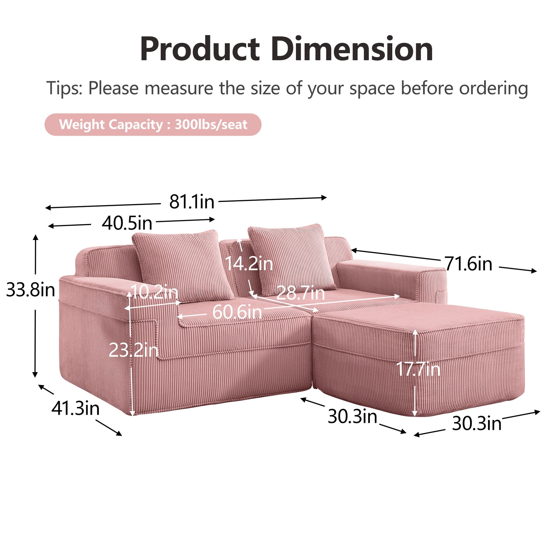 Modular 2 Seat L Shape Sectional Boneless Sofa, Cloud Sectional Couch with Deep Seat, Modern Modular 2-Seat Sofa Couch with Throw Pillows and 1 Movable Ottoman, Corduroy Fabric Pink