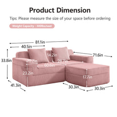 Modular 2 Seat L Shape Sectional Boneless Sofa, Cloud Sectional Couch with Deep Seat, Modern Modular 2-Seat Sofa Couch with Throw Pillows and 1 Movable Ottoman, Corduroy Fabric Pink