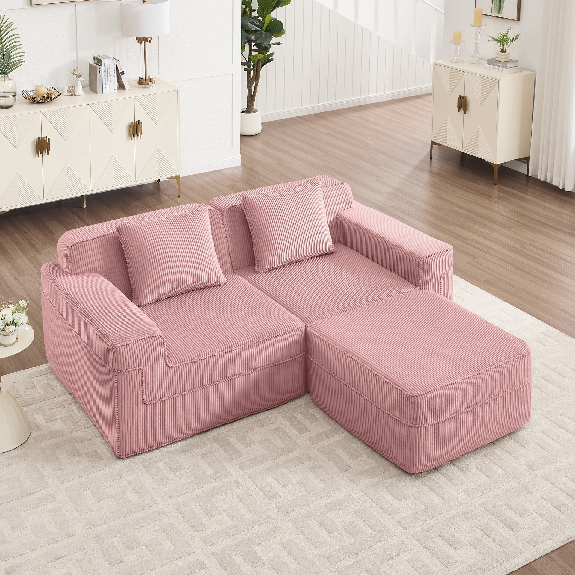 Modular 2 Seat L Shape Sectional Boneless Sofa, Cloud Sectional Couch with Deep Seat, Modern Modular 2-Seat Sofa Couch with Throw Pillows and 1 Movable Ottoman, Corduroy Fabric Pink