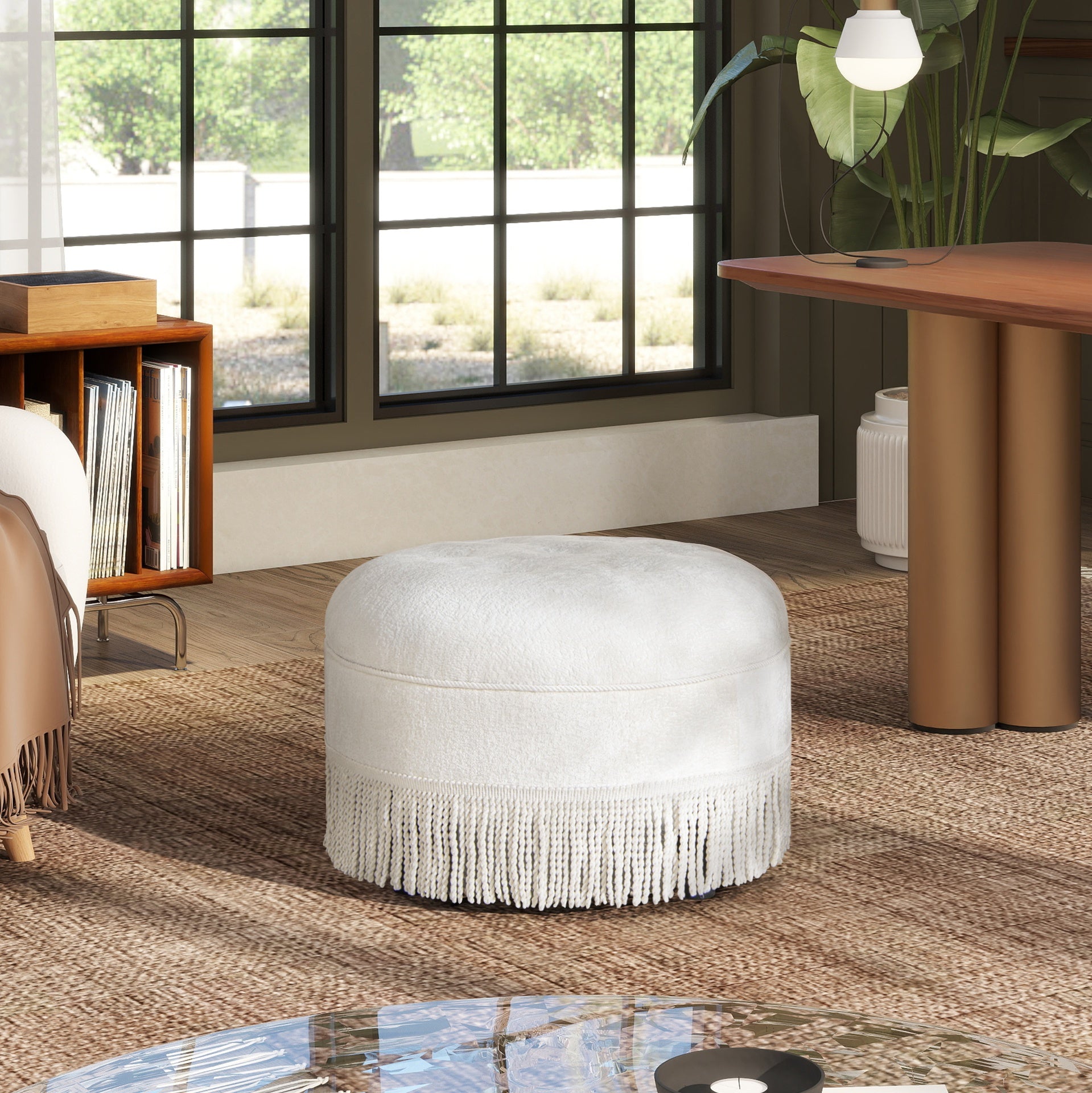 Yolanda 24" Round Upholstered Accent Ottoman, Almond White Chenille