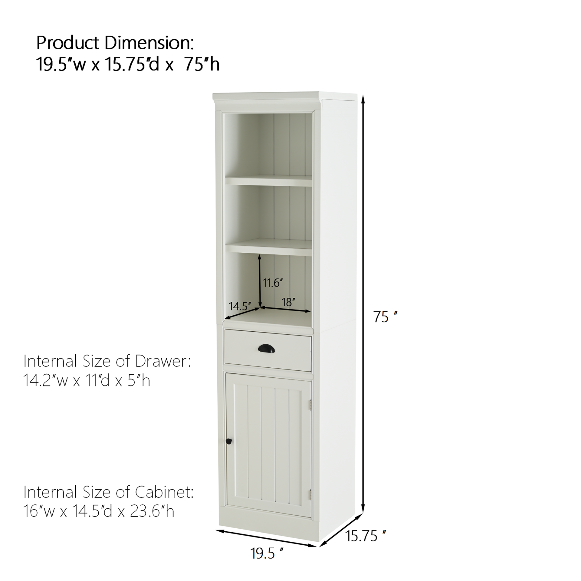 75'' Freestanding Display Bookshelf, Farmhouse Bookcase with Storage & Cabinet, Small Size Wooden Organizer Pantry, for Hallways Living Room, Kitchen, Home, Office - White