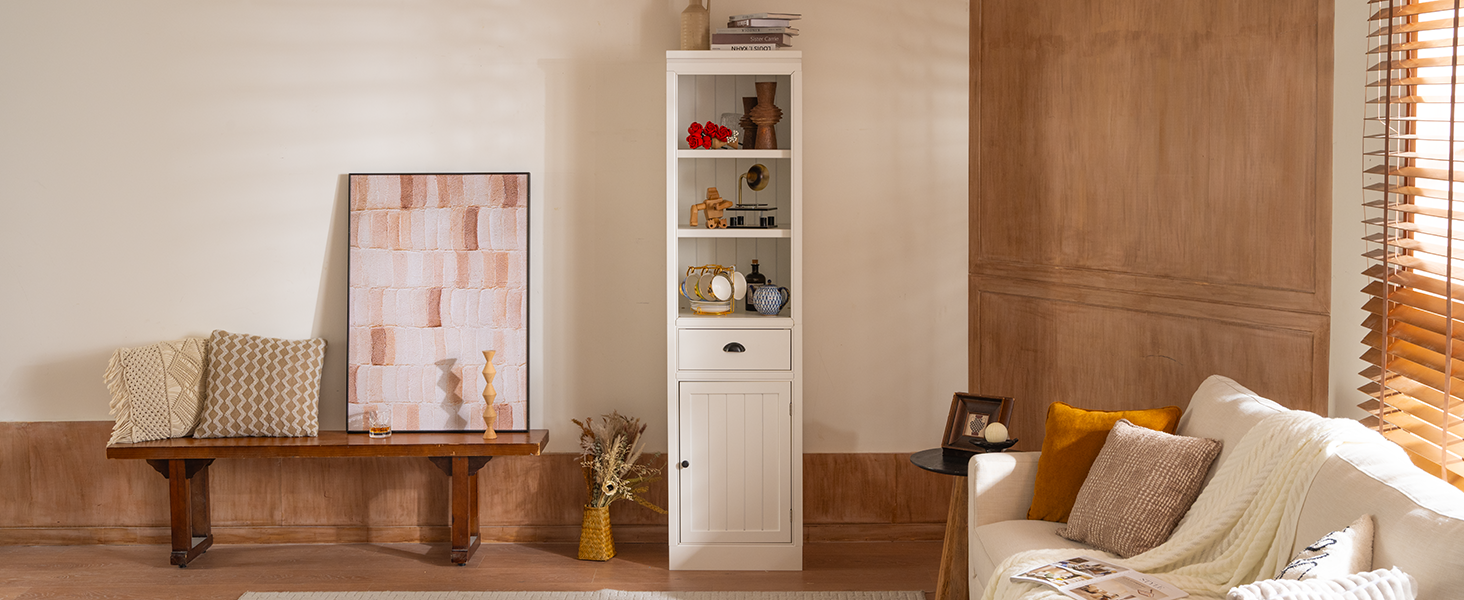 75'' Freestanding Display Bookshelf, Farmhouse Bookcase with Storage & Cabinet, Small Size Wooden Organizer Pantry, for Hallways Living Room, Kitchen, Home, Office - White
