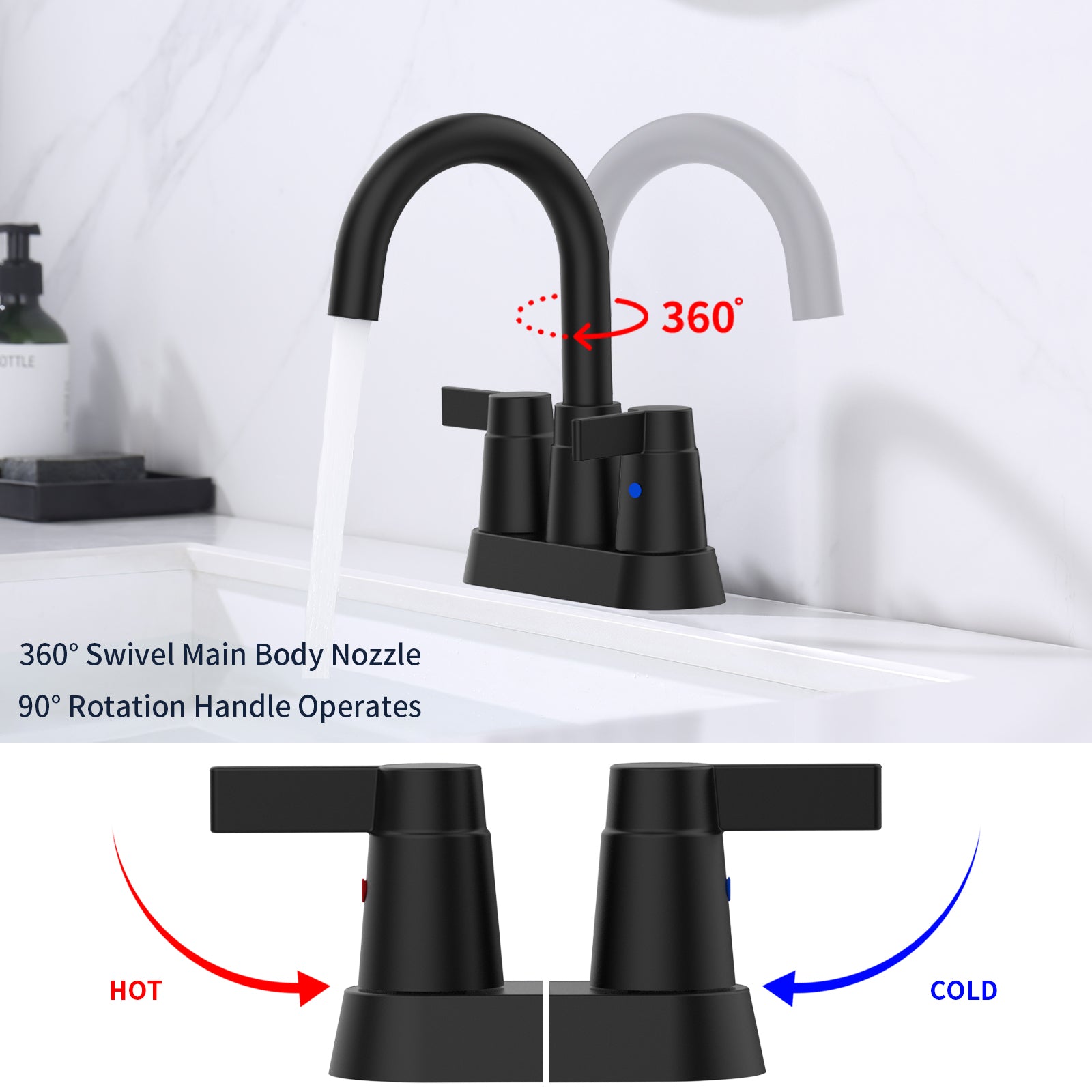 Bathroom Faucet Matte Black 2-Handle Bathroom Sink Faucet 360 Degree High Arc Swivel Spout Centerset 4 Inch Vanity Faucet Bathroom Faucet 3 Holes Lavatory Faucet