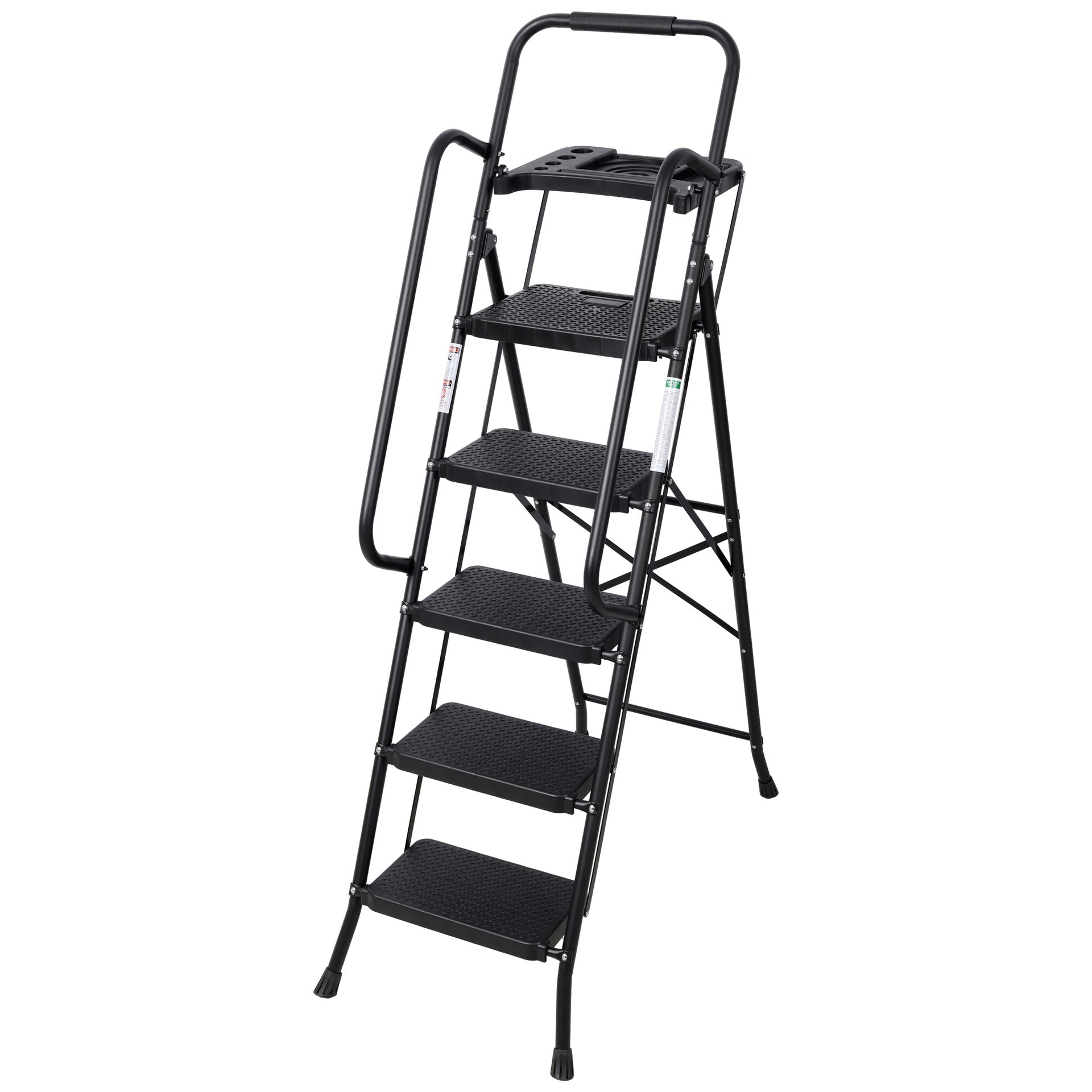 5 Step Ladder, Folding Step Stool with Wide Anti-Slip Pedal, Sturdy Steel Ladder 330 LBS Load Capacity, Convenient Handrail, Lightweight, Portable Steel Step Stool