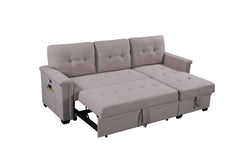 Aurora 84"W Light Gray Reversible Sleeper Sectional Sofa with Storage Chaise, USB Charging Ports and Pocket