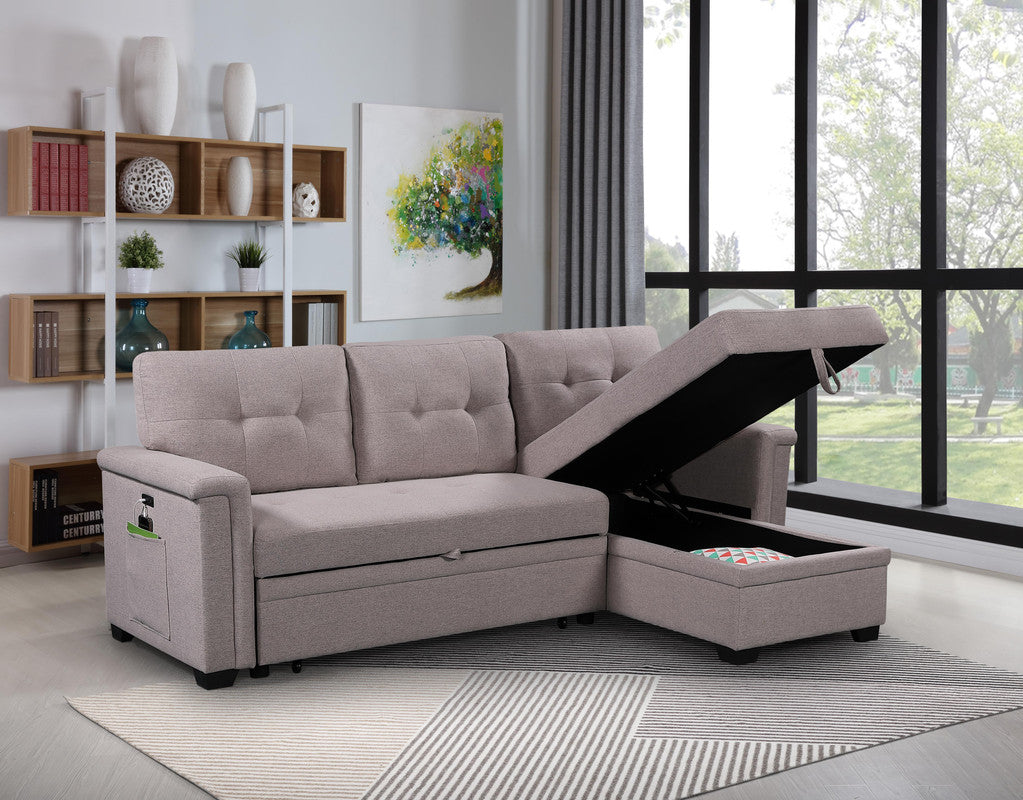 Aurora 84"W Light Gray Reversible Sleeper Sectional Sofa with Storage Chaise, USB Charging Ports and Pocket