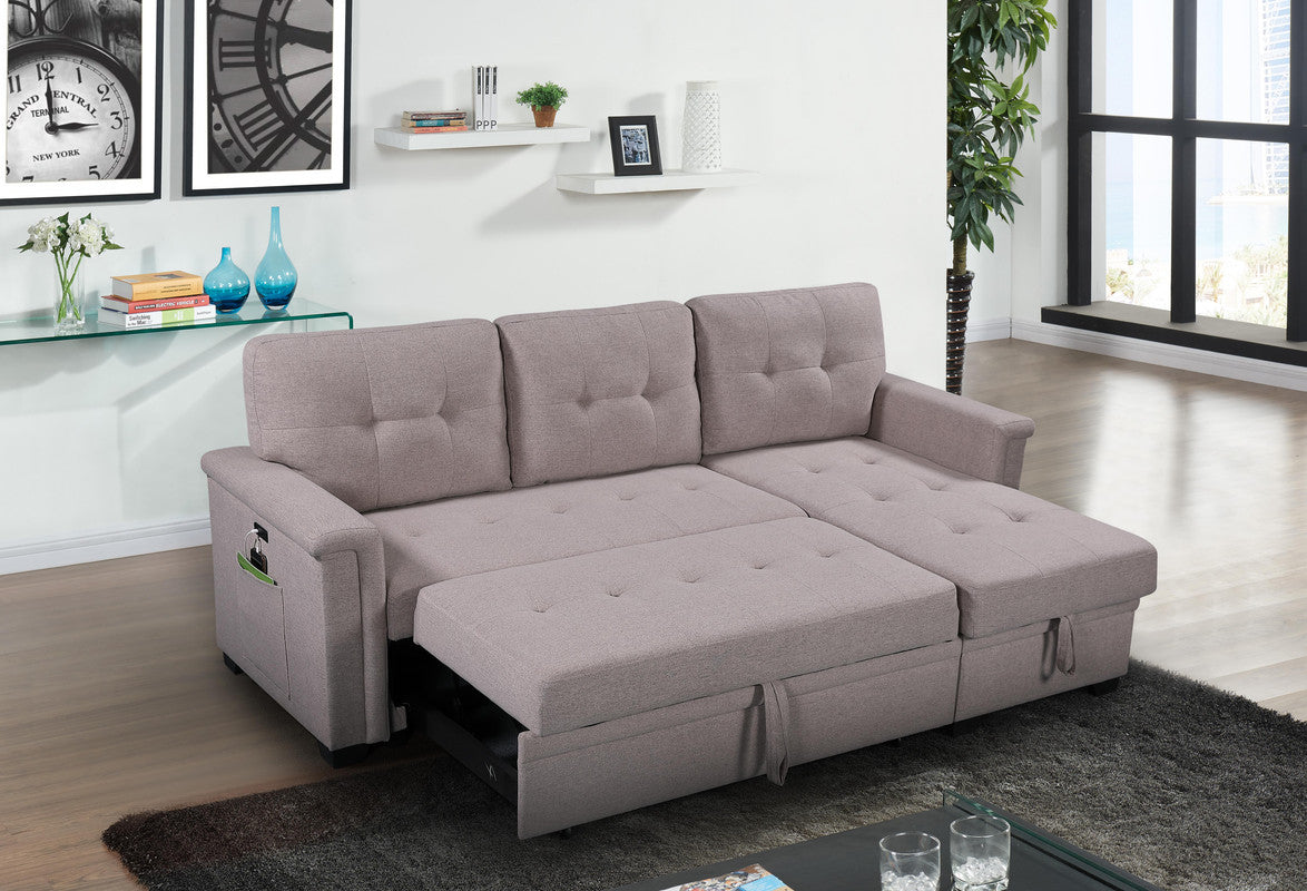 Aurora 84"W Light Gray Reversible Sleeper Sectional Sofa with Storage Chaise, USB Charging Ports and Pocket