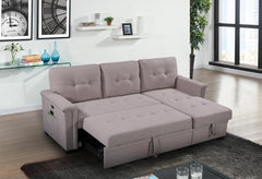 Aurora 84"W Light Gray Reversible Sleeper Sectional Sofa with Storage Chaise, USB Charging Ports and Pocket
