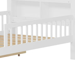Twin Size Bed with Headboard Storage Rack, Two Under-Bed Drawers, Three-Side Guardrails for Safety and Security,White