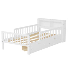 Twin Size Bed with Headboard Storage Rack, Two Under-Bed Drawers, Three-Side Guardrails for Safety and Security,White