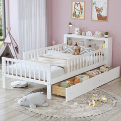 Twin Size Bed with Headboard Storage Rack, Two Under-Bed Drawers, Three-Side Guardrails for Safety and Security,White
