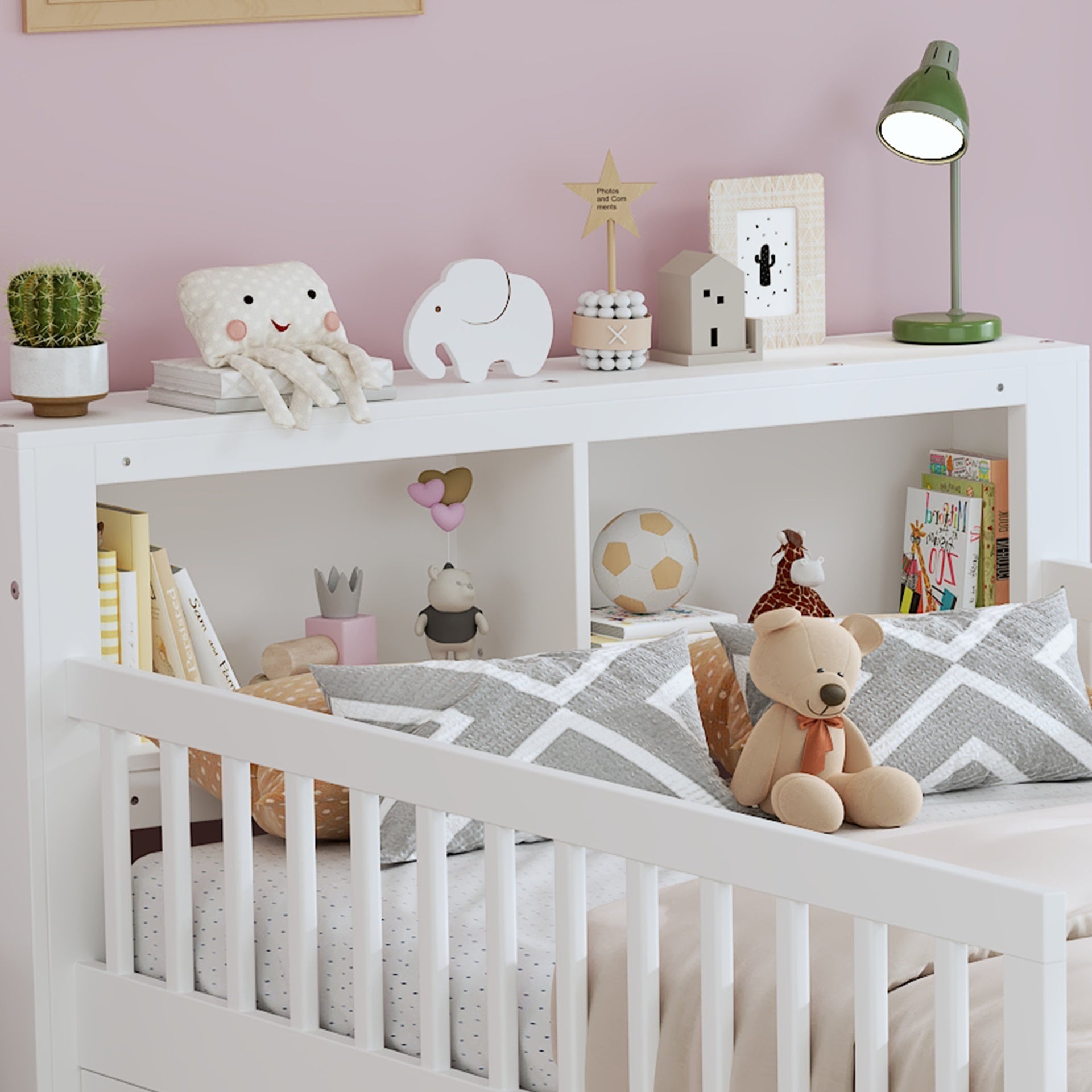 Twin Size Bed with Headboard Storage Rack, Two Under-Bed Drawers, Three-Side Guardrails for Safety and Security,White