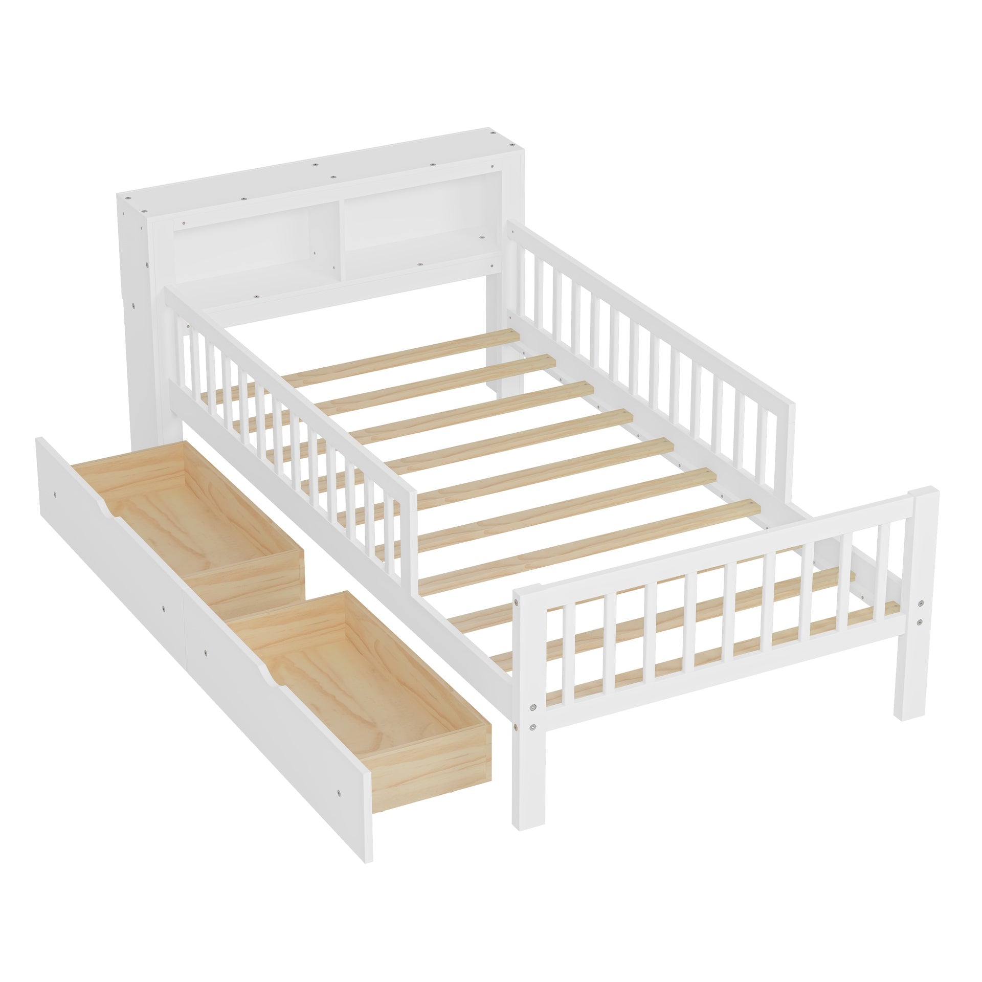 Twin Size Bed with Headboard Storage Rack, Two Under-Bed Drawers, Three-Side Guardrails for Safety and Security,White