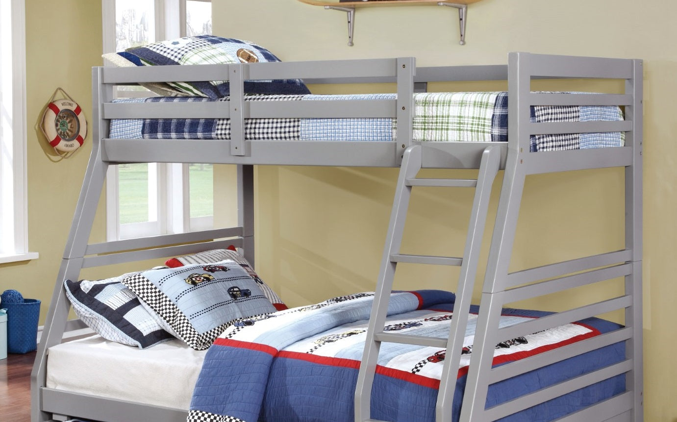 Modern Transitional Bunk Bed Twin Over Full With Two Large Drawers For storage Attached Ladder Made Of Solid Wood Gray