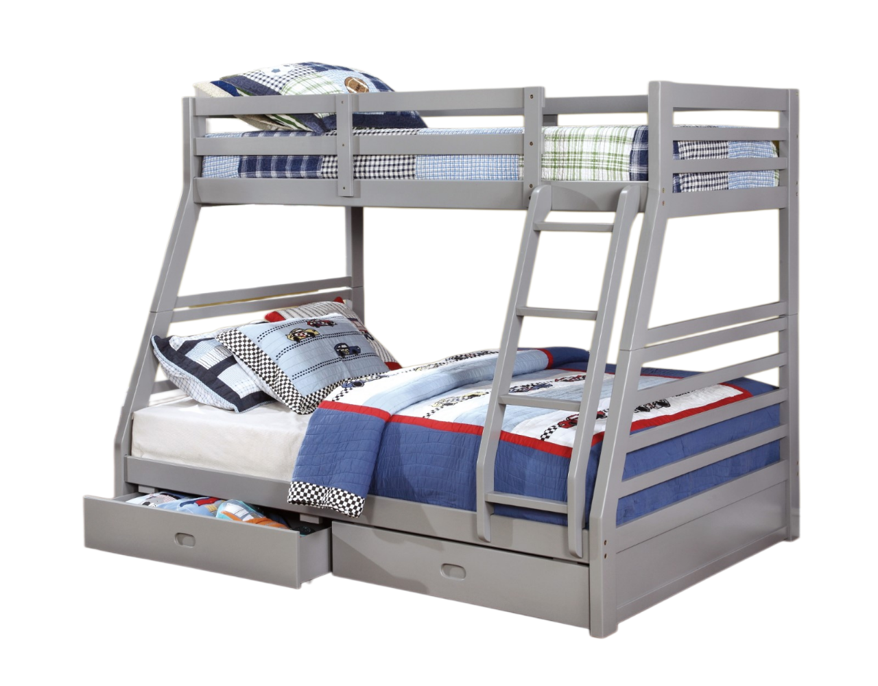 Modern Transitional Bunk Bed Twin Over Full With Two Large Drawers For storage Attached Ladder Made Of Solid Wood Gray