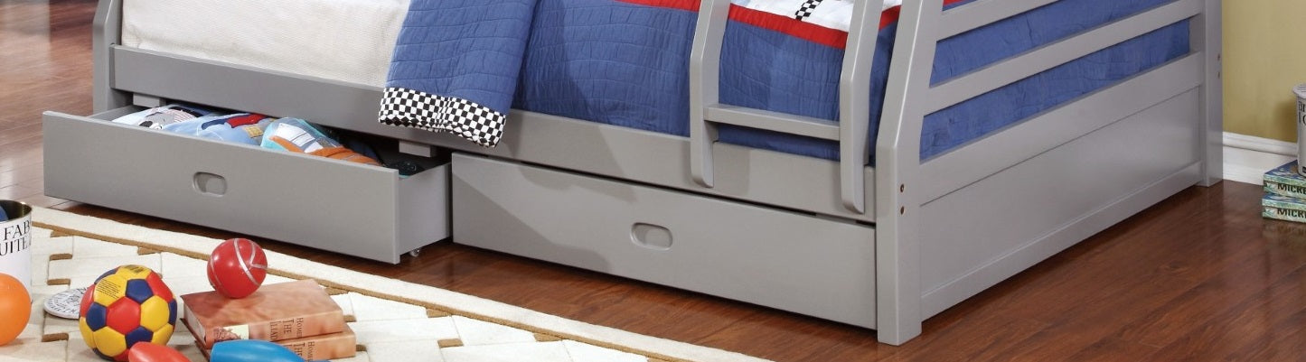 Modern Transitional Bunk Bed Twin Over Full With Two Large Drawers For storage Attached Ladder Made Of Solid Wood Gray