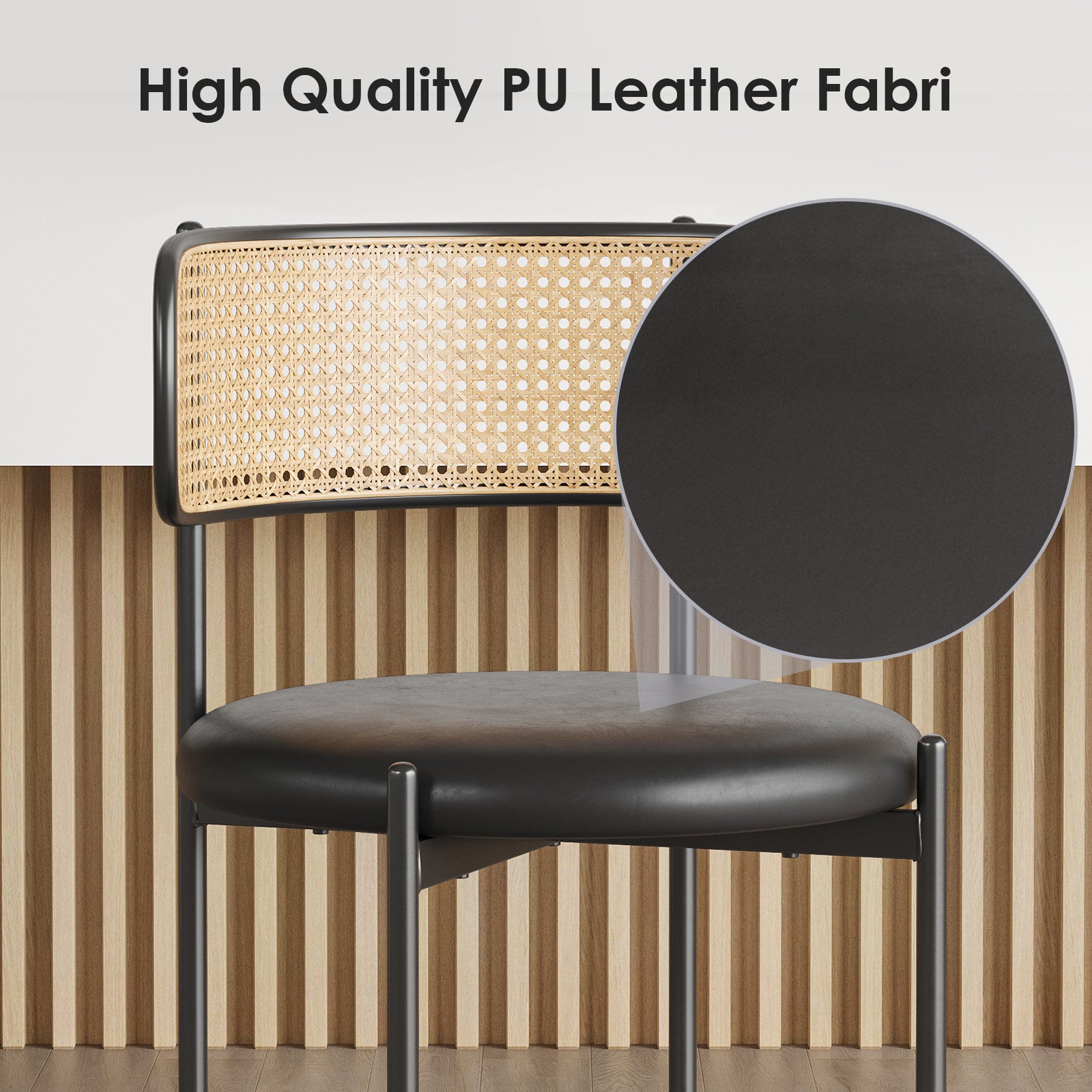 Dining Chairs Set of 2, PU Leather Upholstered Seat with Woven Rattan Back, Sturdy Metal Legs Modern Side Chairs for Kitchen Living Room Restaurant