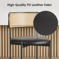 Dining Chairs Set of 2, PU Leather Upholstered Seat with Woven Rattan Back, Sturdy Metal Legs Modern Side Chairs for Kitchen Living Room Restaurant