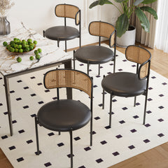 Dining Chairs Set of 2, PU Leather Upholstered Seat with Woven Rattan Back, Sturdy Metal Legs Modern Side Chairs for Kitchen Living Room Restaurant