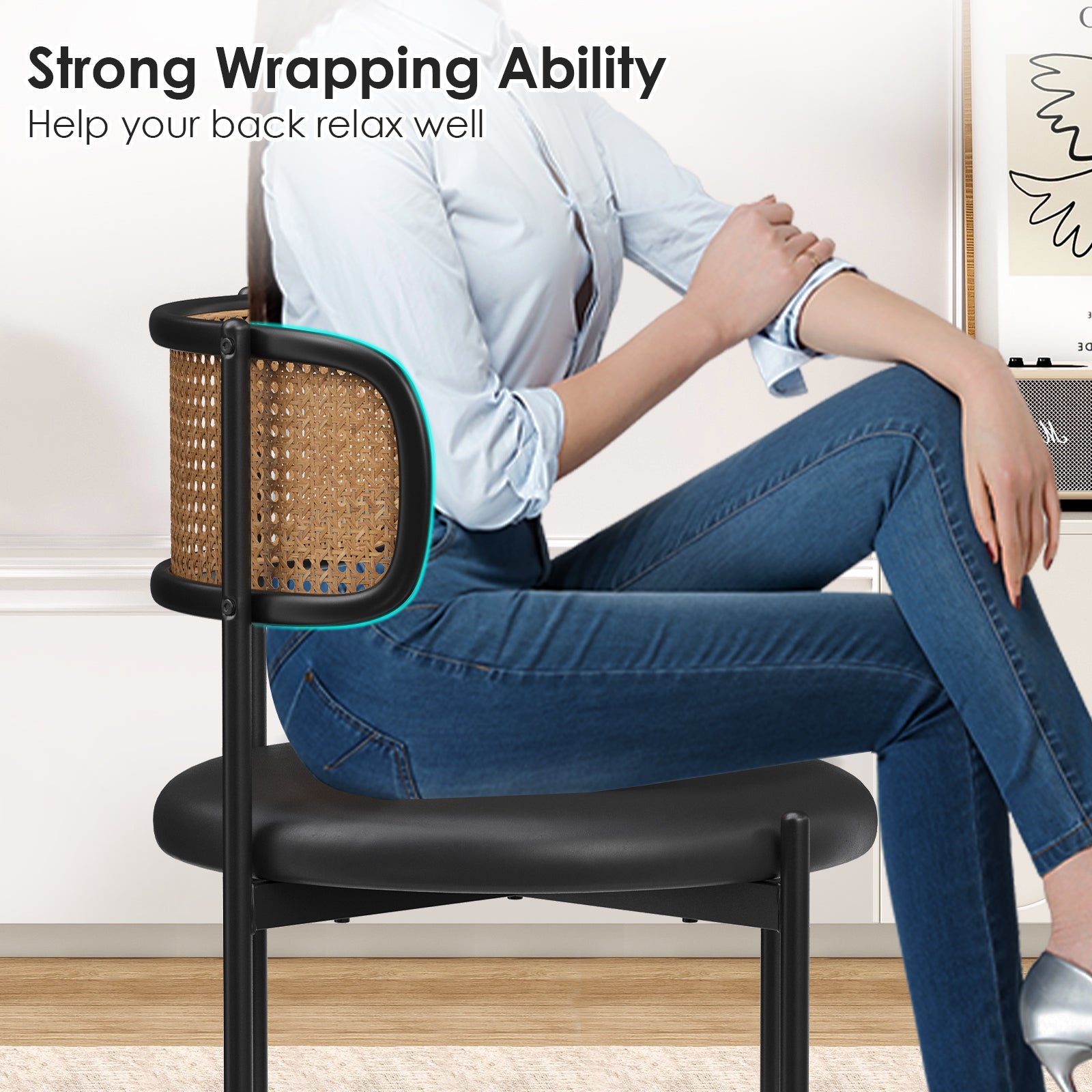 Dining Chairs Set of 2, PU Leather Upholstered Seat with Woven Rattan Back, Sturdy Metal Legs Modern Side Chairs for Kitchen Living Room Restaurant