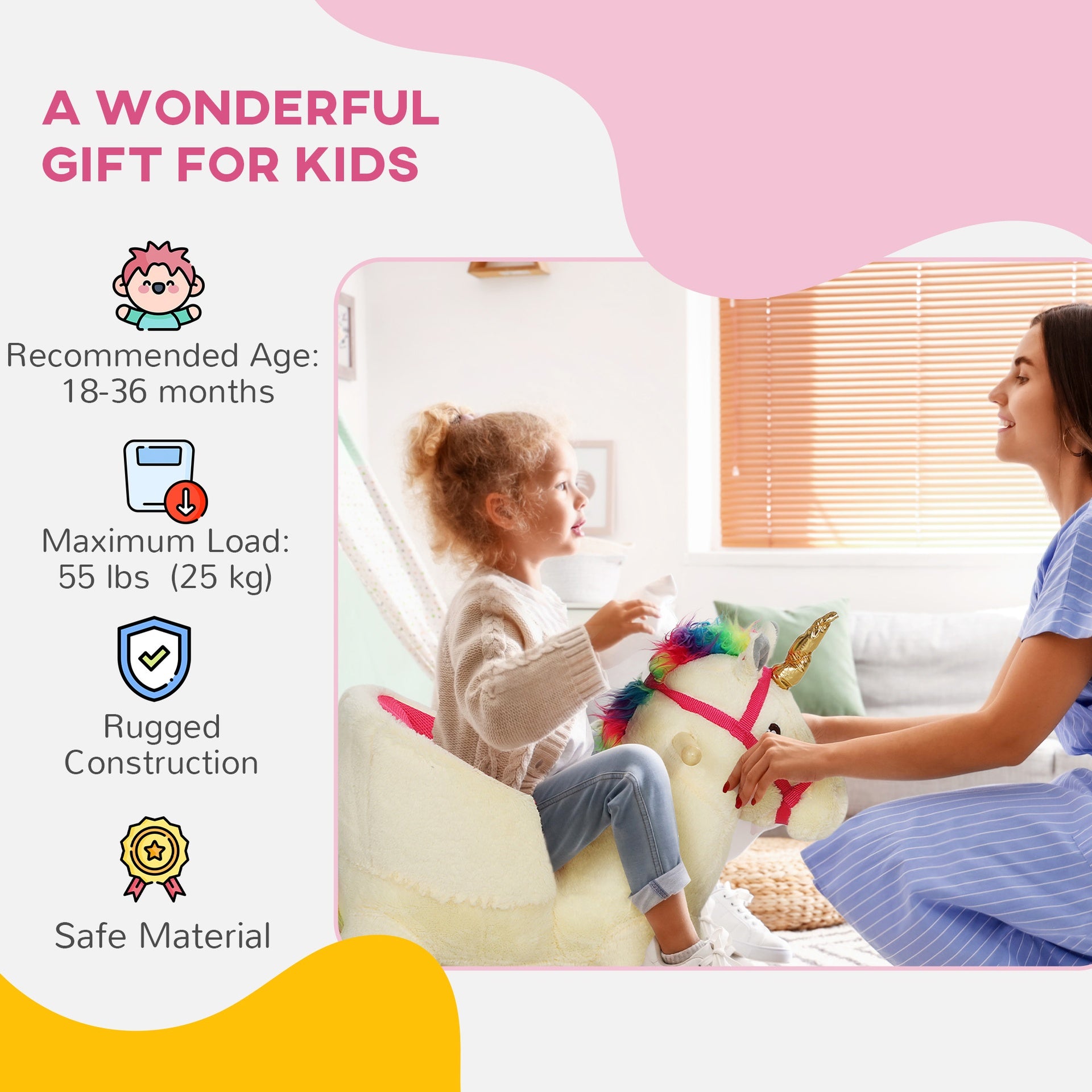 Qaba Kids Rocking Horse, Ride on Unicorn with Realistic Sounds, Safety Belt & Wooden Base, Plush Animal Rocker for Toddlers 18-36 Months, Cream White