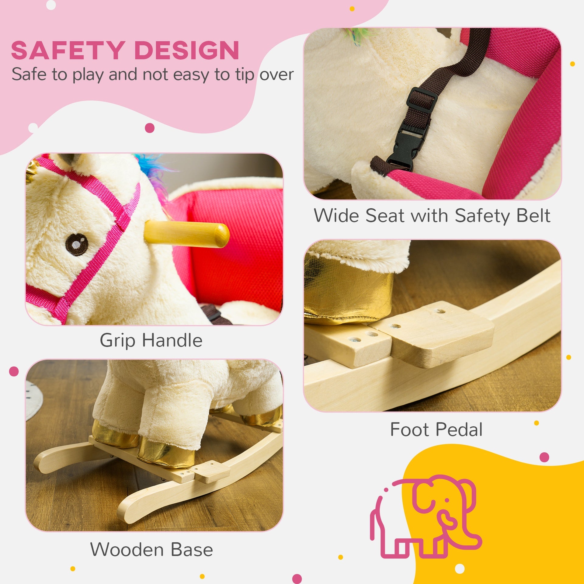 Qaba Kids Rocking Horse, Ride on Unicorn with Realistic Sounds, Safety Belt & Wooden Base, Plush Animal Rocker for Toddlers 18-36 Months, Cream White