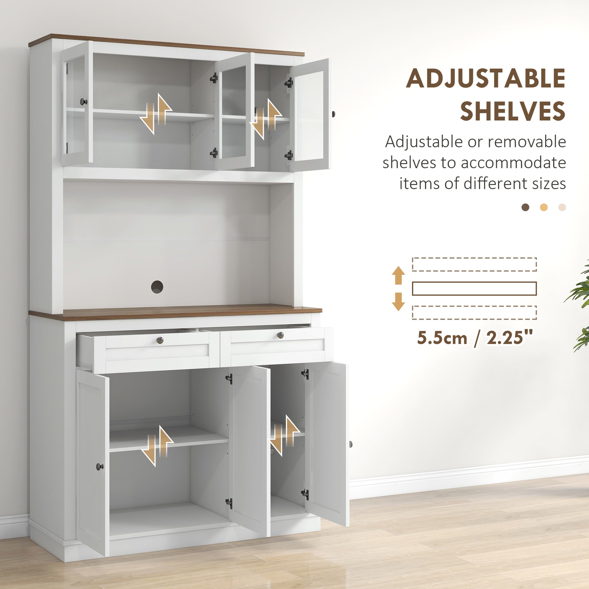 HOMCOM 71" Tall Kitchen Pantry Storage Cabinet with Microwave Stand, Freestanding Buffet with Hutch, 2 Drawers, 5 Doors, Adjustable Shelves and Glass Doors for Kitchen, Dining Room, White