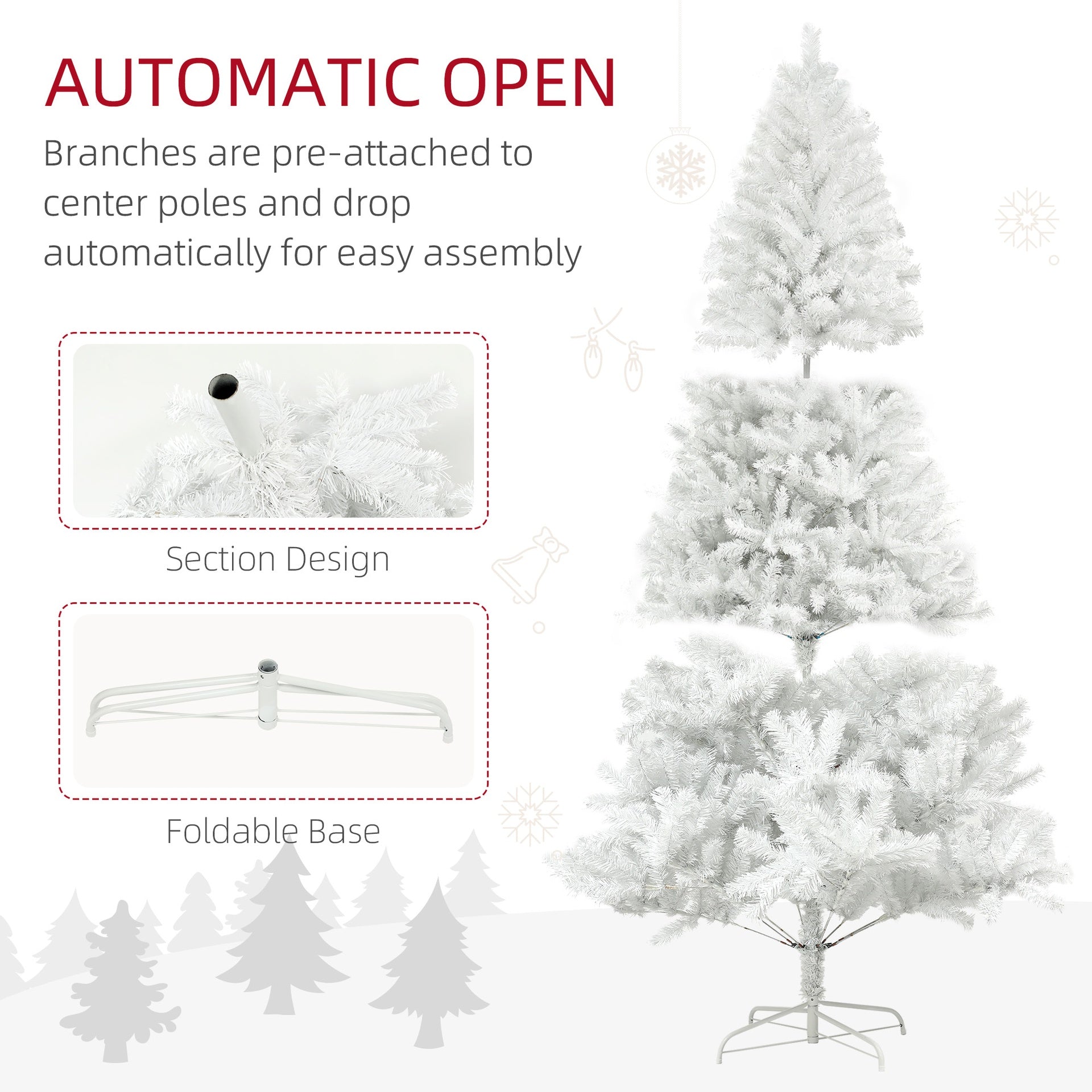 HOMCOM 6ft Tall Artificial Christmas Tree, Unlit Xmas Tree with 1000 Branch Tips, Auto Open, Steel Base, Holiday Décor for Home Office, White