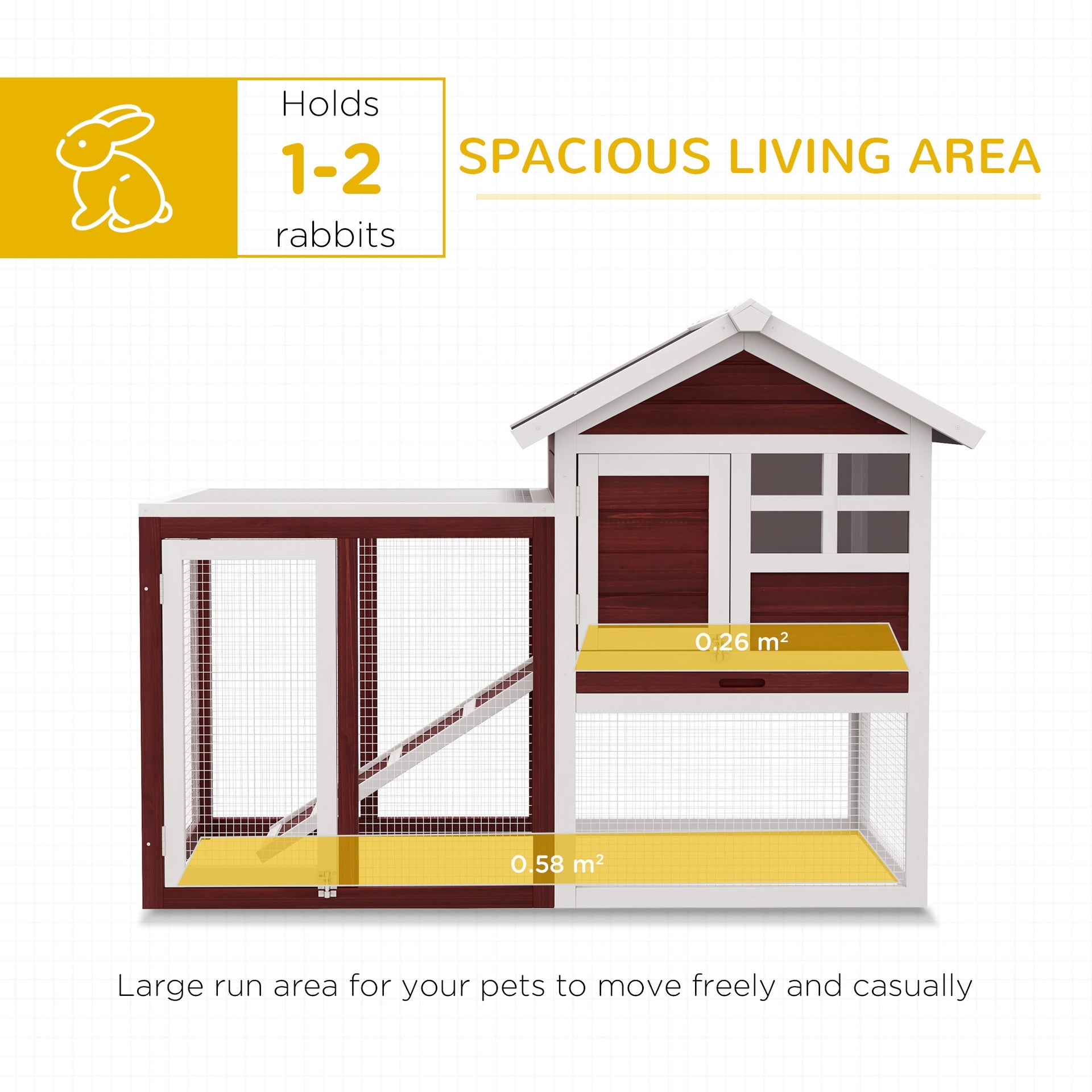 PawHut 48" Wooden Rabbit Hutch Bunny Cage with Waterproof Asphalt Roof, Fun Outdoor Run, Removable Tray and Ramp, Brown
