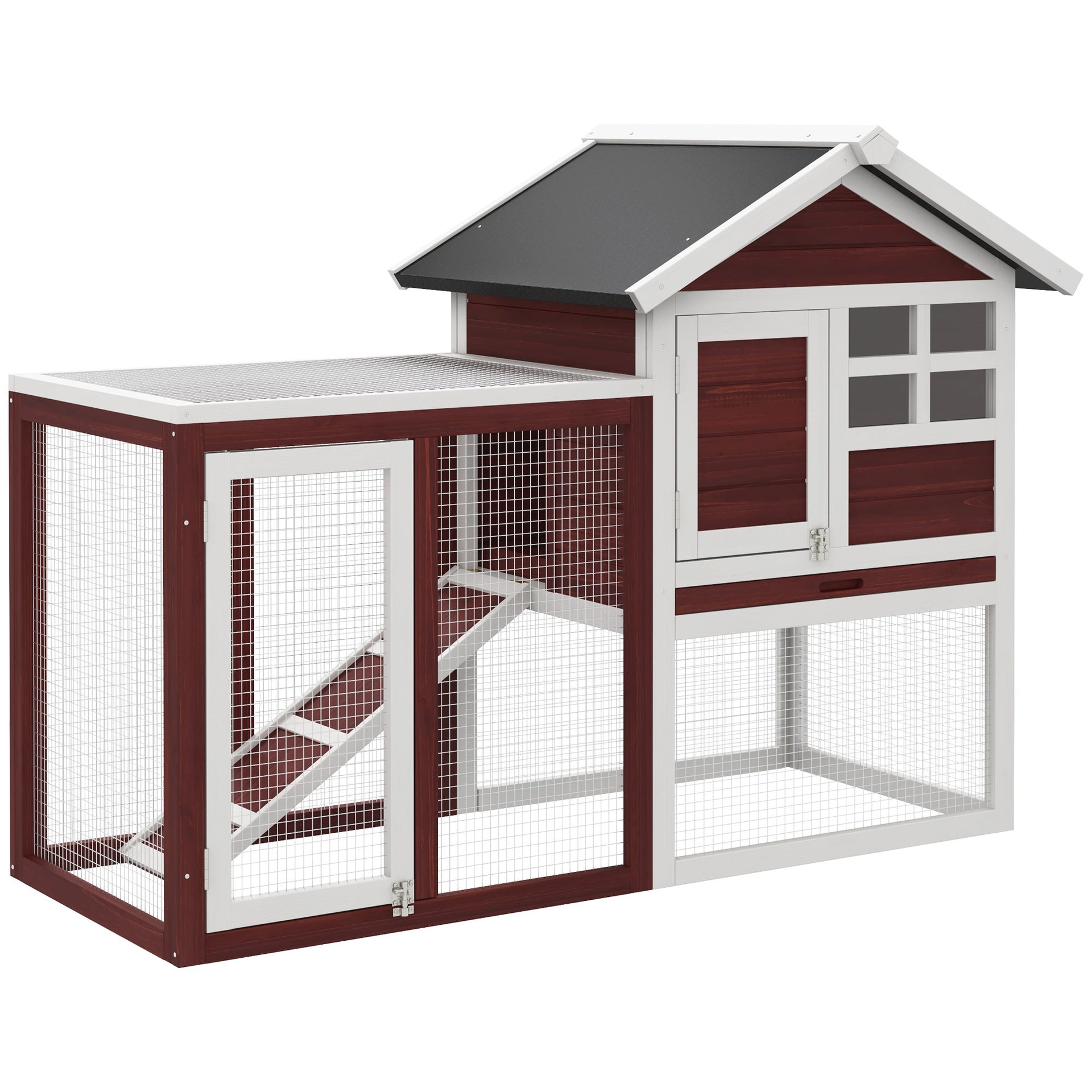 PawHut 48" Wooden Rabbit Hutch Bunny Cage with Waterproof Asphalt Roof, Fun Outdoor Run, Removable Tray and Ramp, Brown