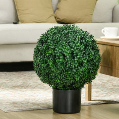 HOMCOM Set of 2 20.5" Artificial Ball Boxwood Topiary Trees with Pot, Indoor Outdoor Fake Plants for Home Office & Living Room Decor