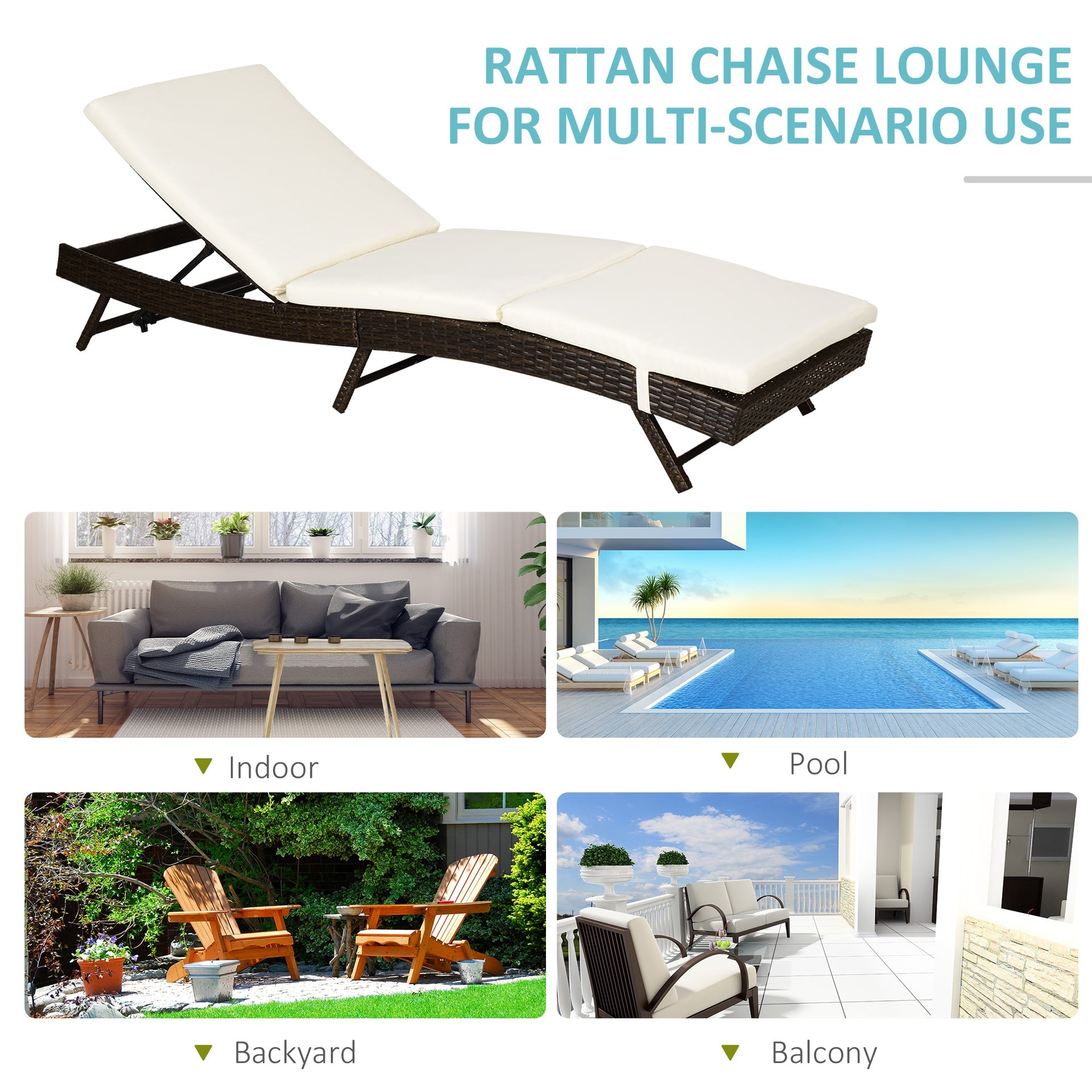 Outsunny Patio Chaise Lounge, Pool Chair with 5 Position Adjustable Backrest & Cushion, Outdoor PE Rattan Wicker Sun Tanning Seat, 78.75" x 28" x 35", Coffee