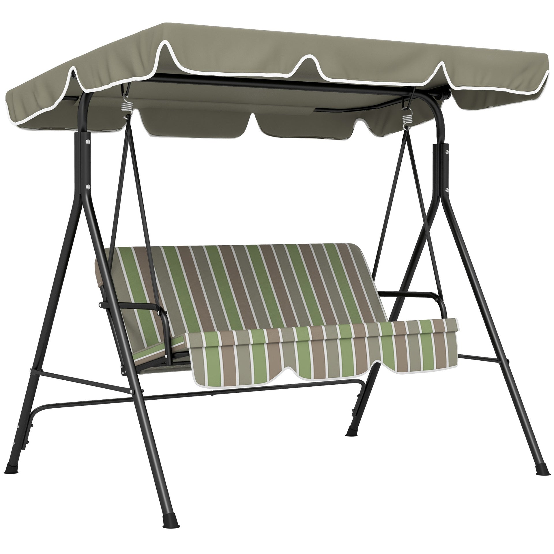 Outsunny 3-Seat Outdoor Patio Swing Chair with Removable Cushion, Steel Frame Stand and Adjustable Tilt Canopy for Patio, Garden, Poolside, Balcony, Backyard, Beige & Green