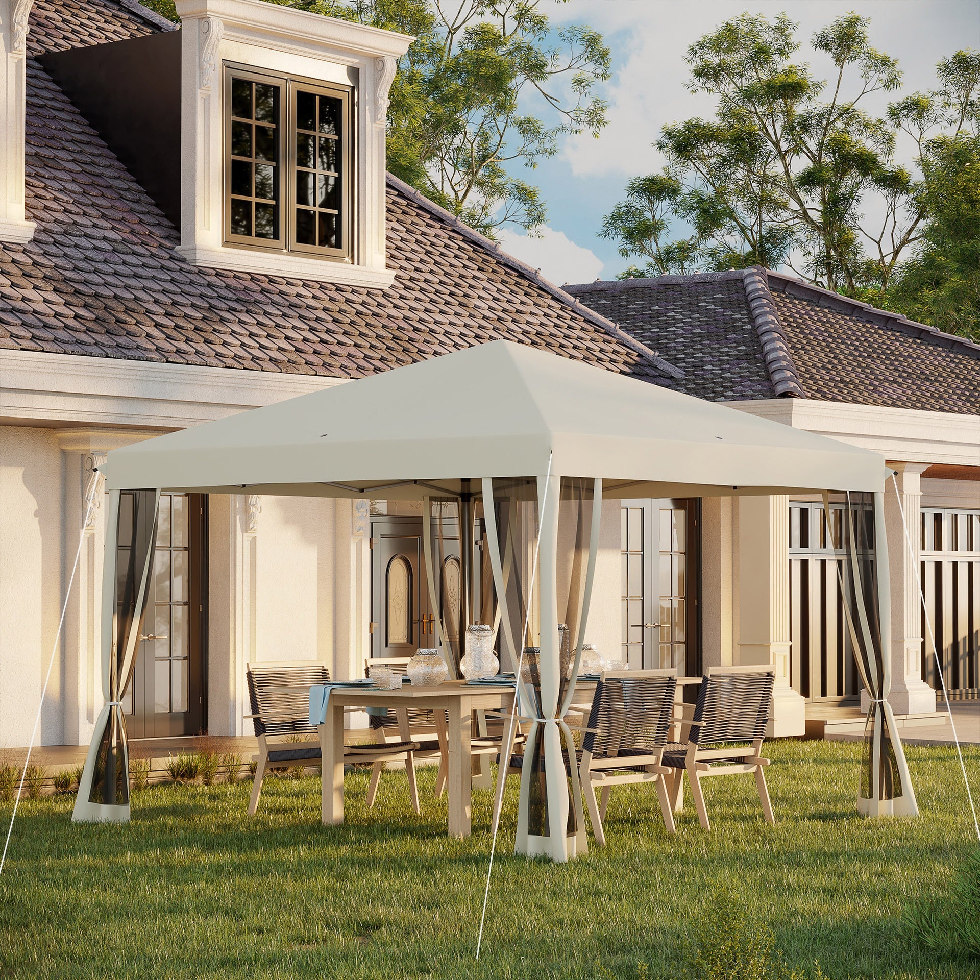 Outsunny 10' x 10' Pop Up Canopy Tent with Netting, Instant Gazebo, Ez up Screen House Room with Carry Bag, Height Adjustable, for Outdoor, Garden, Patio, Beige