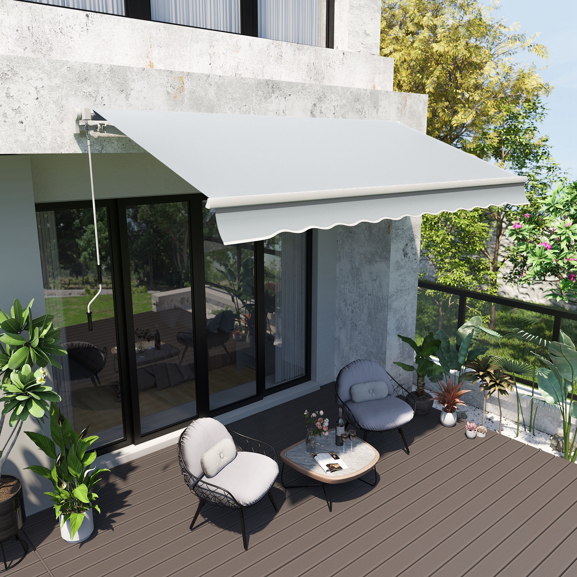 Outsunny 12' x 8' Retractable Awning Patio Awnings Sun Shade Shelter with Manual Crank Handle, 280g/m² UV & Water-Resistant Fabric and Aluminum Frame for Deck, Balcony, Yard, Light Grey