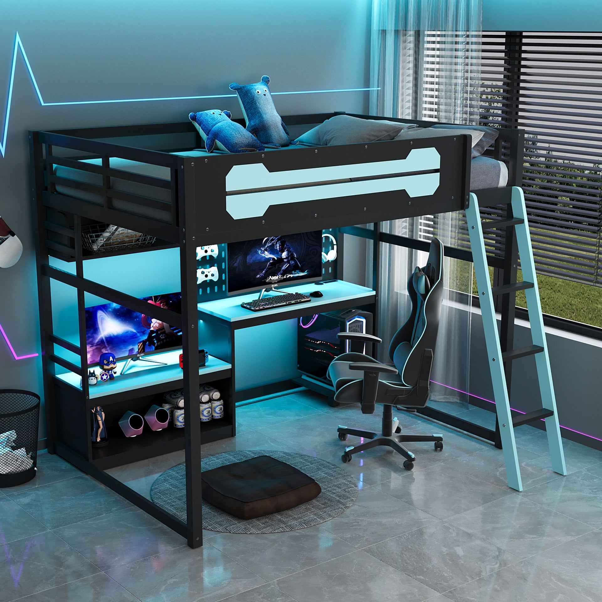 Full Size Wood Loft Bed with Desk, Shelves, LED Lights, USB Ports and Pegboard, Black+Blue