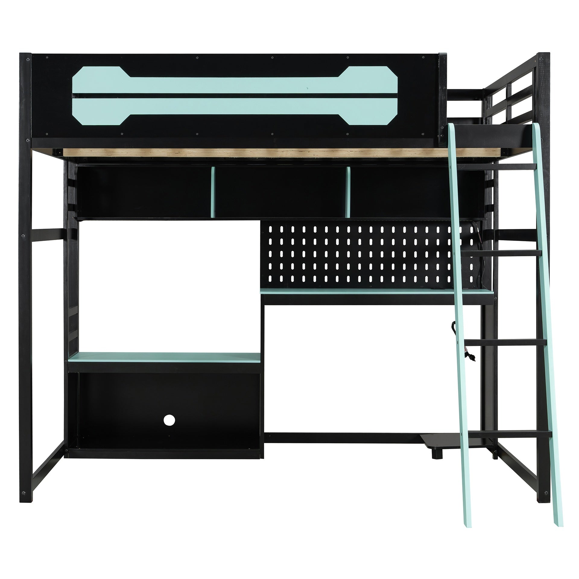 Full Size Wood Loft Bed with Desk, Shelves, LED Lights, USB Ports and Pegboard, Black+Blue