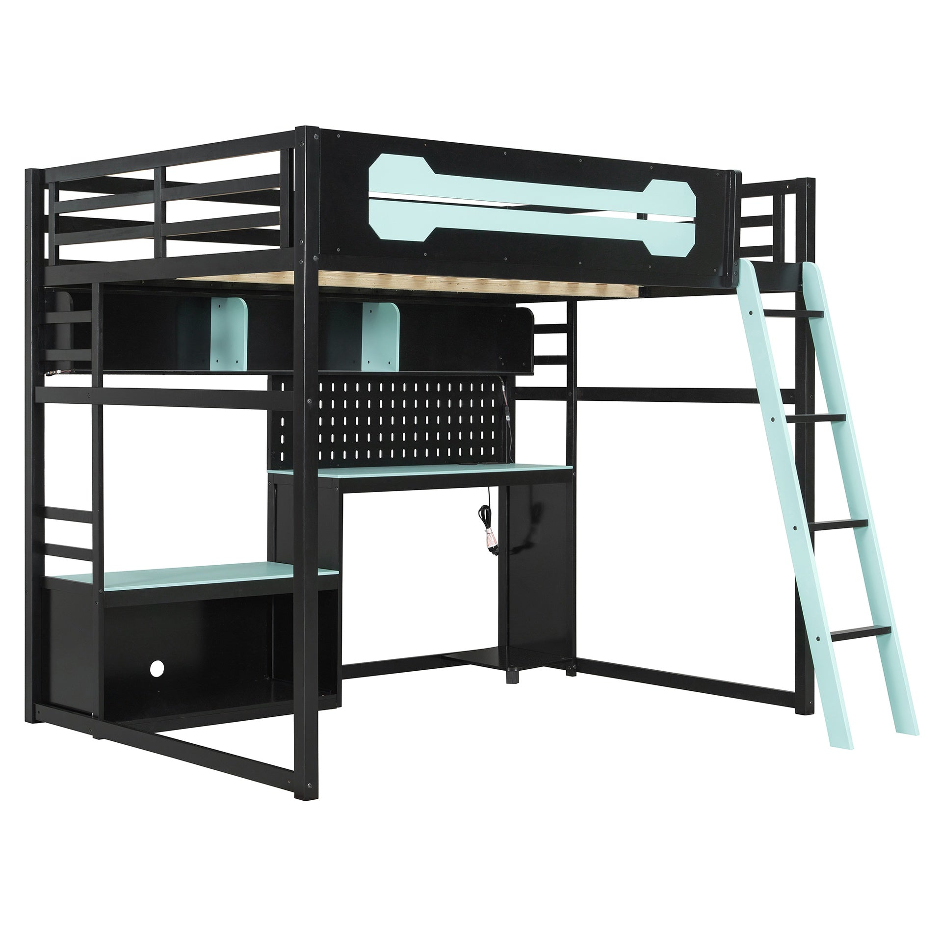 Full Size Wood Loft Bed with Desk, Shelves, LED Lights, USB Ports and Pegboard, Black+Blue