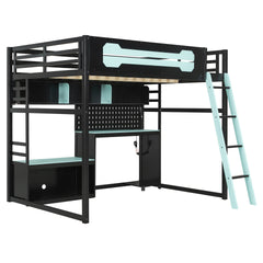 Full Size Wood Loft Bed with Desk, Shelves, LED Lights, USB Ports and Pegboard, Black+Blue