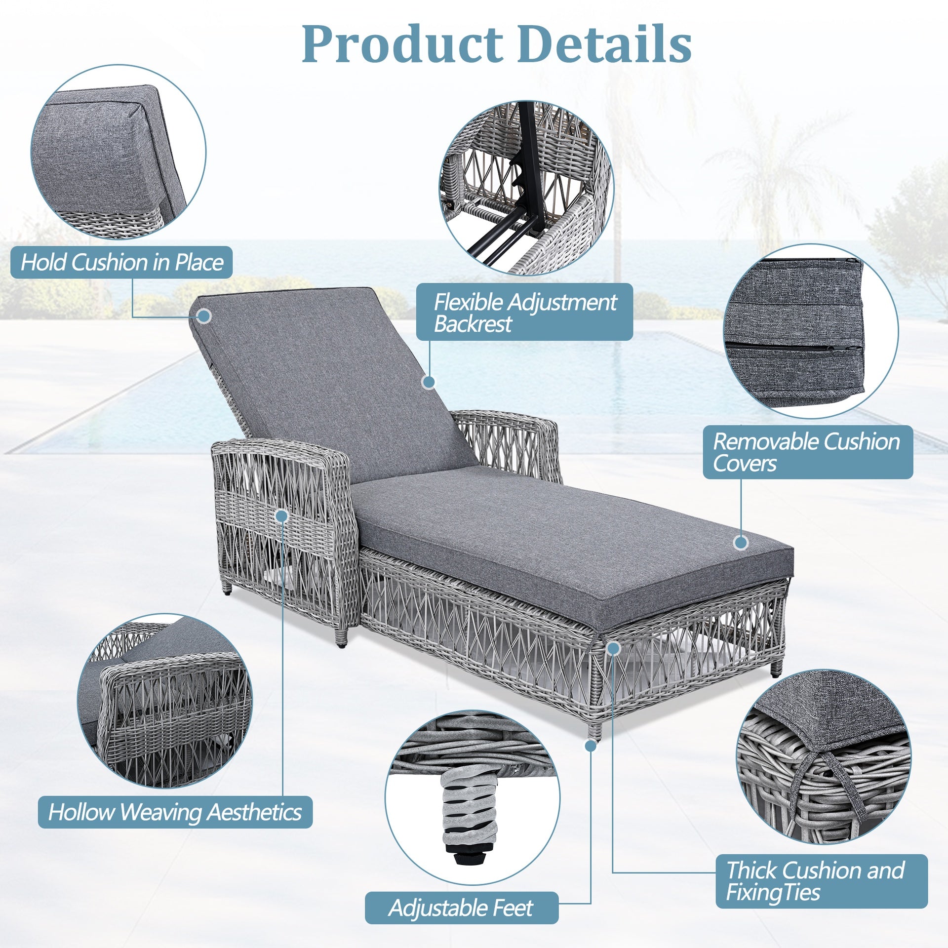 GO 2 Pieces Long Reclining Chaise, Outdoor Wicker Lounge with Armrests, Patio Adjustable Recliner with Soft Removable Cushions, All Weather Rattan Pool Lounge for Poolside & Garden, Gray