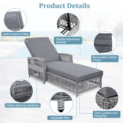 GO 2 Pieces Long Reclining Chaise, Outdoor Wicker Lounge with Armrests, Patio Adjustable Recliner with Soft Removable Cushions, All Weather Rattan Pool Lounge for Poolside & Garden, Gray