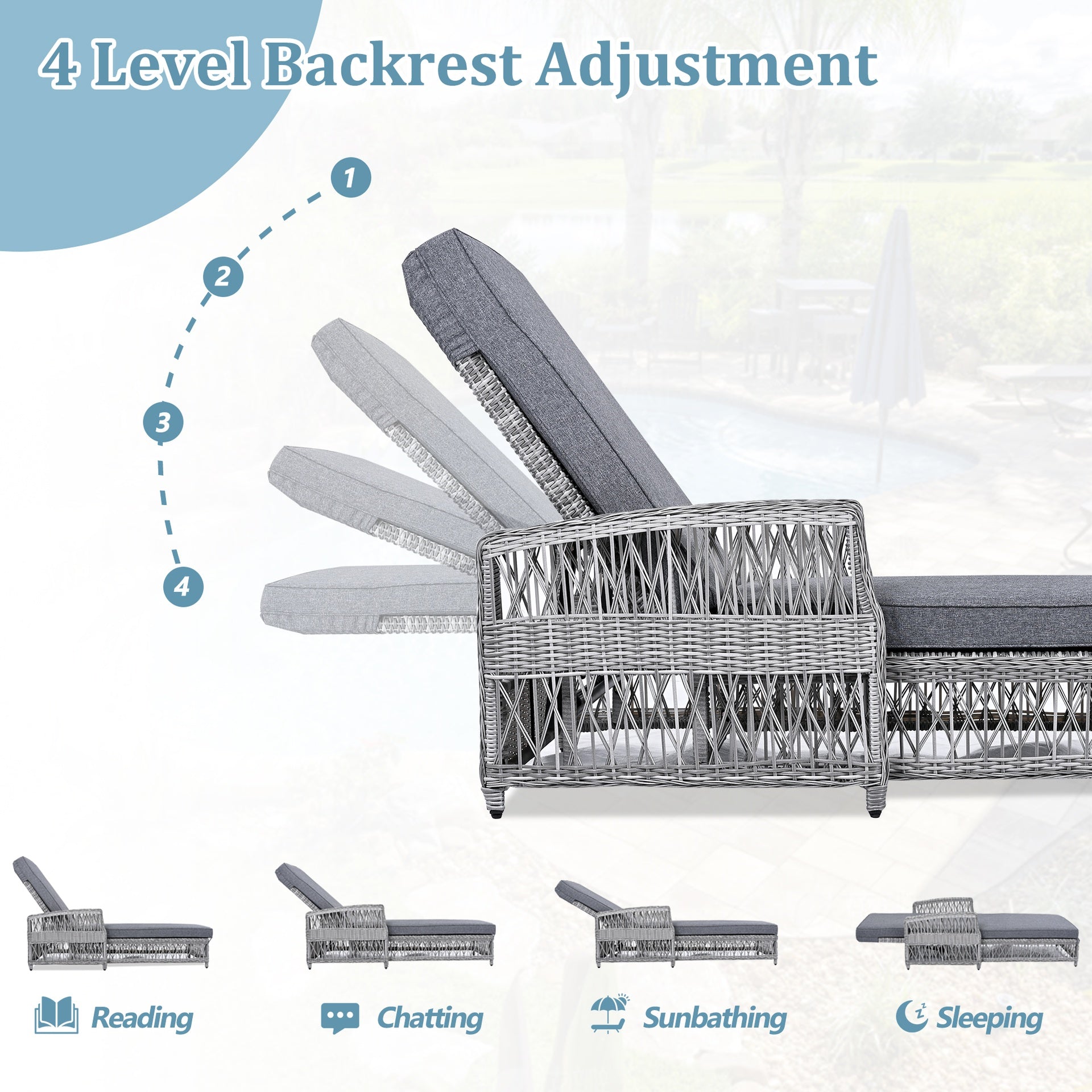 GO 2 Pieces Long Reclining Chaise, Outdoor Wicker Lounge with Armrests, Patio Adjustable Recliner with Soft Removable Cushions, All Weather Rattan Pool Lounge for Poolside & Garden, Gray