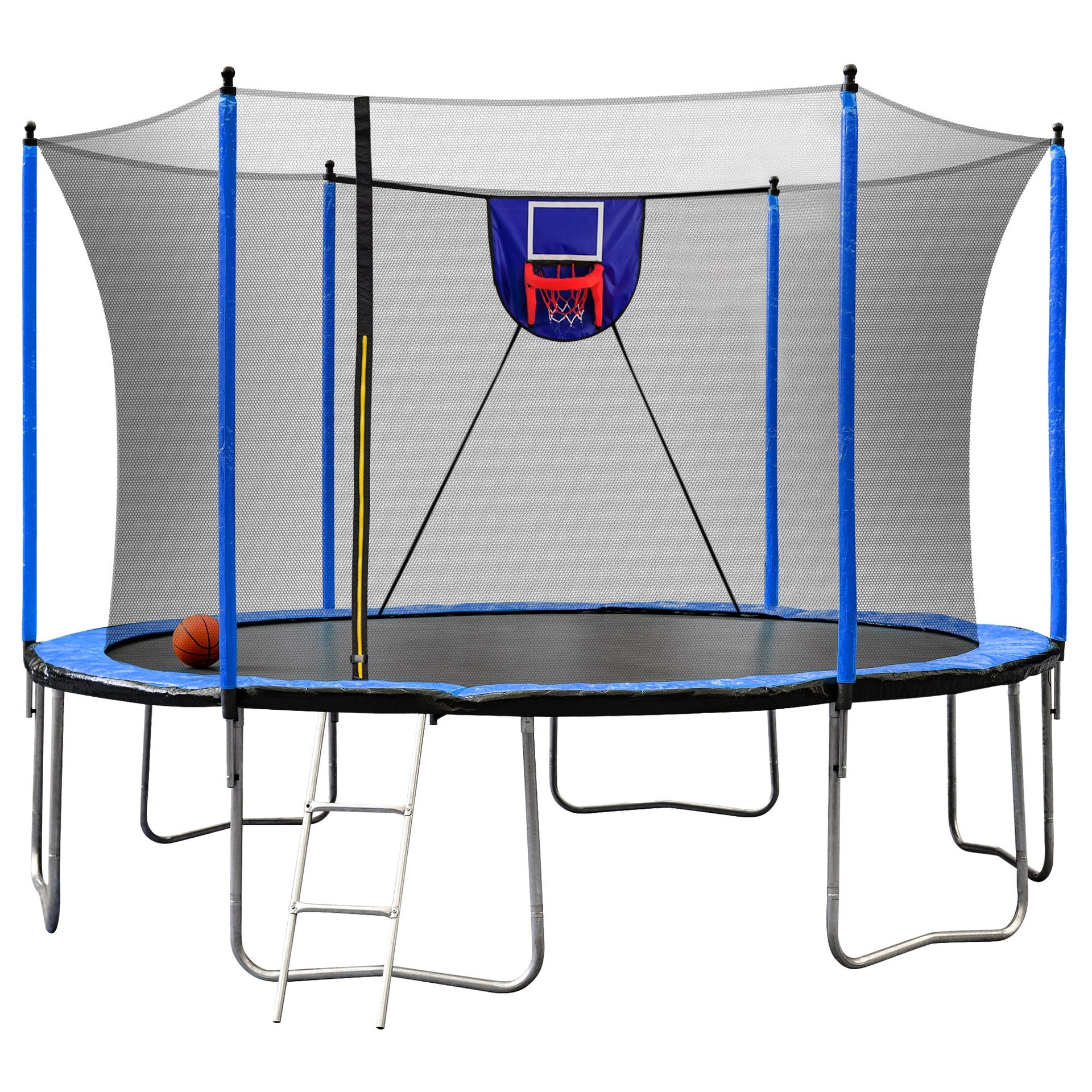 15FT Trampoline with Basketball Hoop Inflator and Ladder, 6pcs extra safety net pole sleeves- Blue