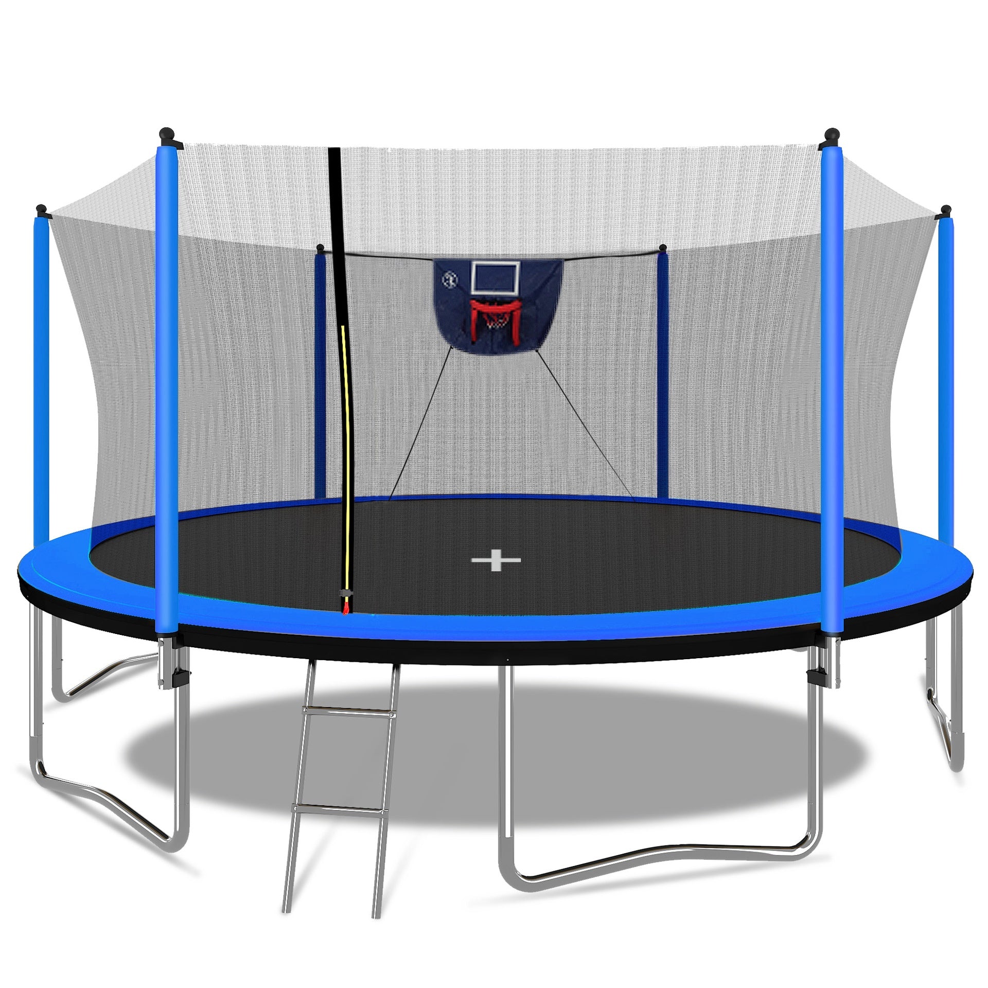 15FT Trampoline with Basketball Hoop Inflator and Ladder, 6pcs extra safety net pole sleeves- Blue