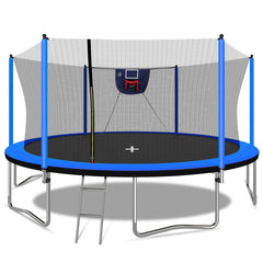 15FT Trampoline with Basketball Hoop Inflator and Ladder, 6pcs extra safety net pole sleeves- Blue