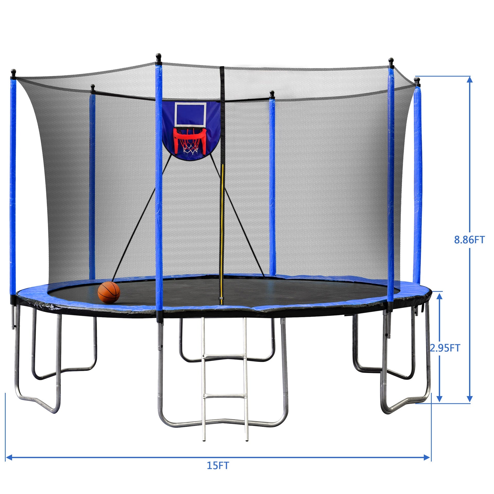 15FT Trampoline with Basketball Hoop Inflator and Ladder, 6pcs extra safety net pole sleeves- Blue
