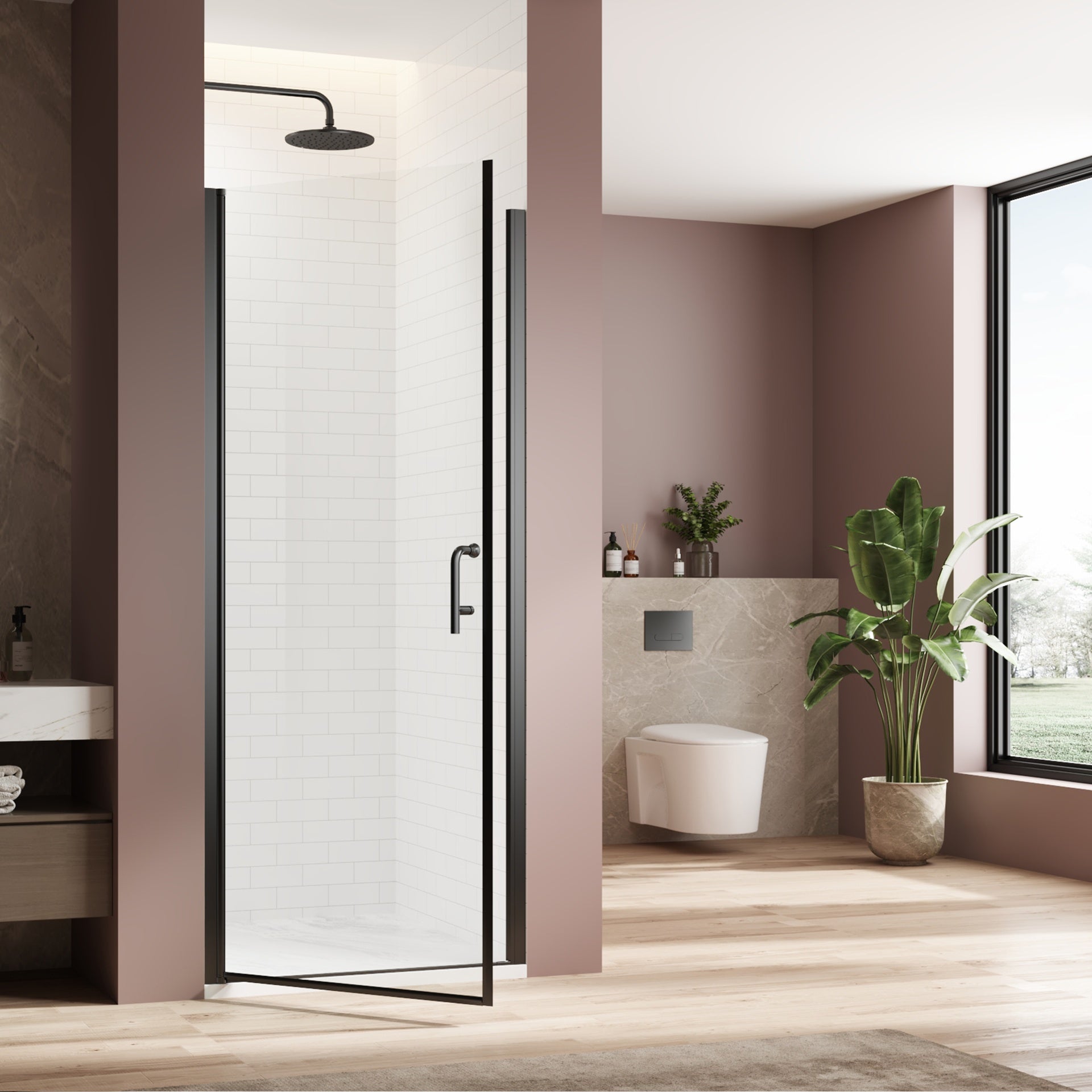 Pivot swing single glass panel shower door 34 in.W x 72 in.H,adjustable 33.5-35 inch frameless shower door with 1/4 inch clear tempered glass,matte black hardwares